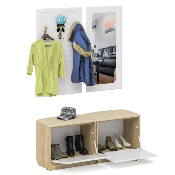 Прихожие, Две обувницы с сиденьем зеркалом и вешалкой П-6 МДФ фрезеровка ромб