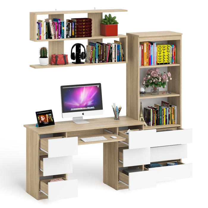 Домашние кабинеты, Рабочее место Мори из стола двухтумбового МС-2 с навесной полкой и стеллажом