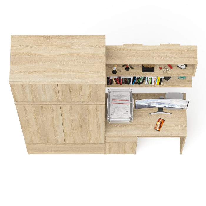 Домашние кабинеты, Стол однотумбовый Мори МС-1 левый с полкой навесной и комодом-шкафом с антресолью