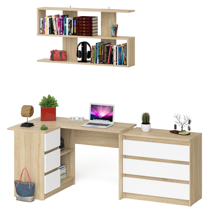 Домашние кабинеты, Комод на три ящика Мори МК800.1 с компьютерным столом для работы левый и открытой полкой