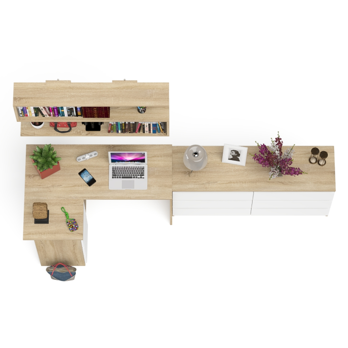 Домашние кабинеты, Стол угловой компьютерный Мори МС-16 левый с навесной книжной полкой и комодом МК1380.6