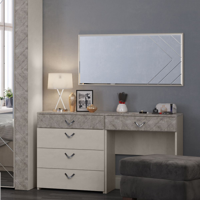 Туалетные столики, Стол туалетный с комодом и зеркалом Амели 13.106+12.48+Зерк шёлковый камень/бетон чикаго беж