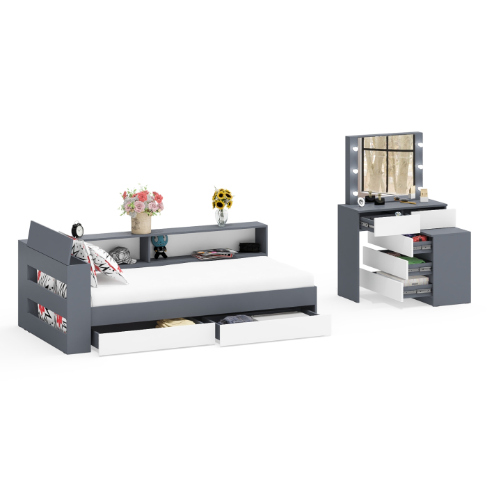 Спальные гарнитуры, Столик косметический с лампочками 110 и Ксения 900 односпальная кровать с ящиками и прикроватным блоком