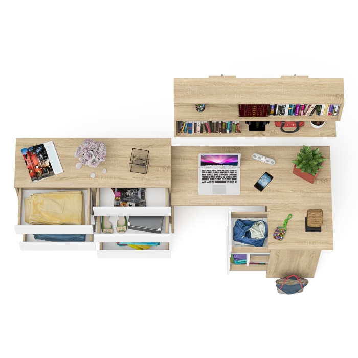 Домашние кабинеты, Стол компьютерный угловой с ящиками Мори МС-16 правый с навесной полкой и комодом МК1200.8