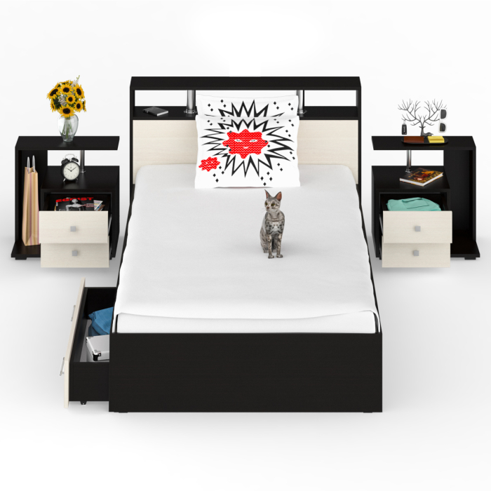 Спальные гарнитуры, Кровать с ящиками Камелия 1200 с двумя прикроватными тумбами