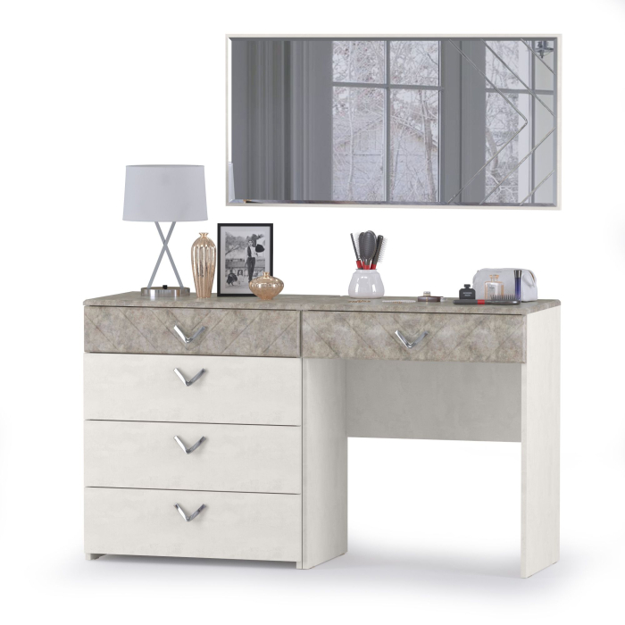 Туалетные столики, Стол туалетный с комодом и зеркалом Амели 13.106+12.48+Зерк шёлковый камень/бетон чикаго беж