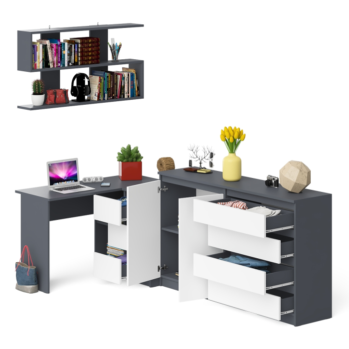Домашние кабинеты, Тумба-комод МК1600.1 Мори с навесной книжной полкой и угловой компьютерный стол МС-16 правый