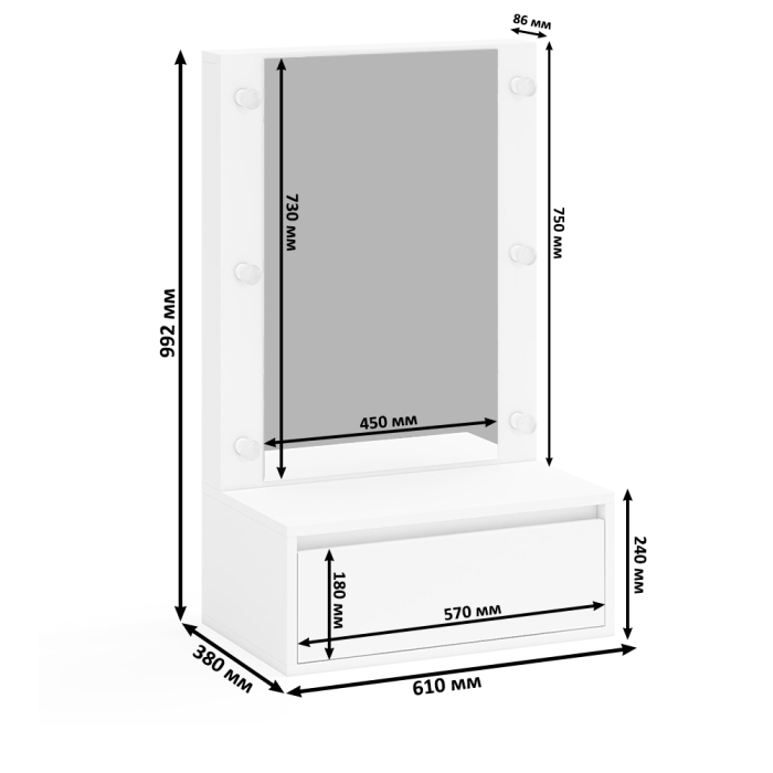 С зеркалом, Стол косметический навесной с подсветкой и тумба-комод 123-1204.