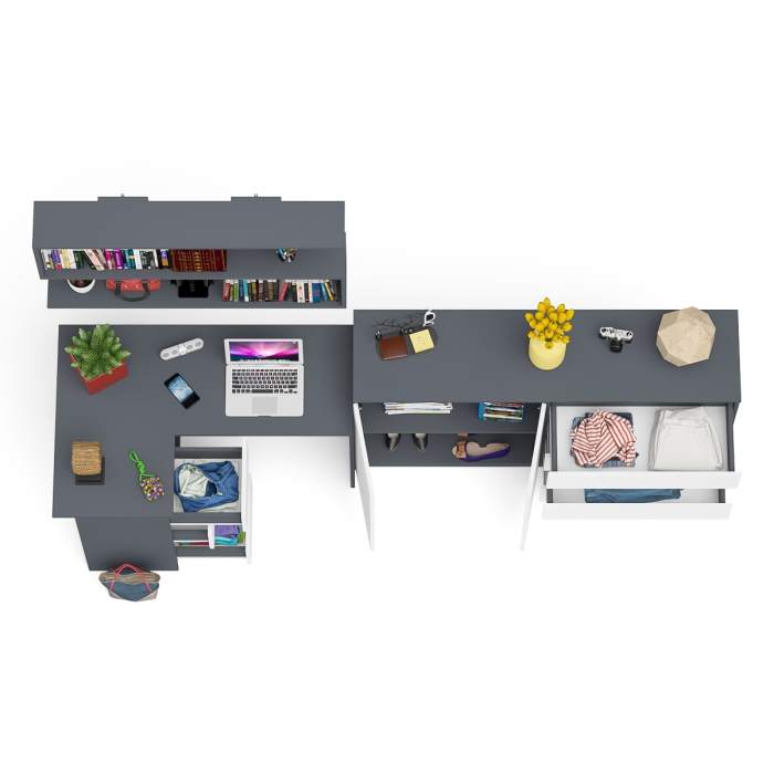 Домашние кабинеты, Угловой компьютерный стол с тремя ящиками Мори МС-16 левый с тумбой-комодом и книжной полкой