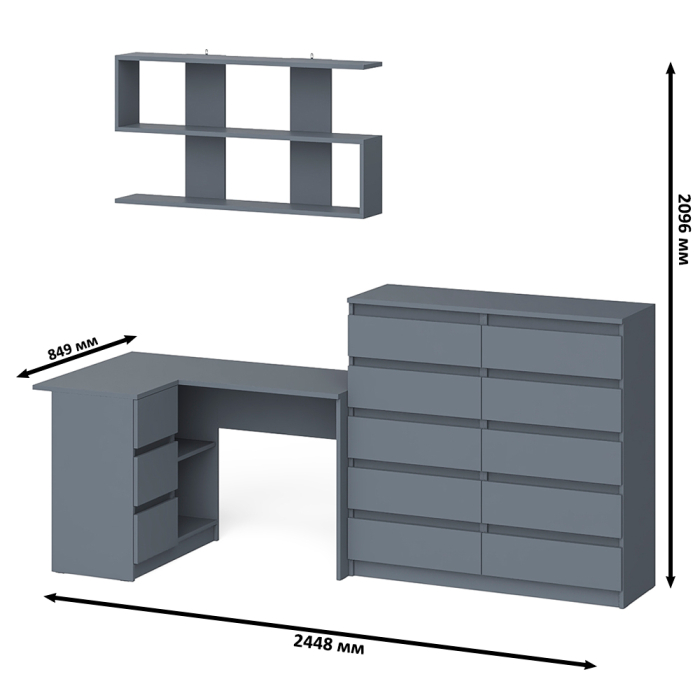 Домашние кабинеты, Стол угловой компьютерный Мори МС-16 левый с комодом на 10-ть ящиков и полкой на 1200