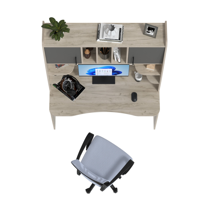 Прямые компьютерные столы, Компьютерный стол с надстройкой Бета и кресло компьютерное серое
