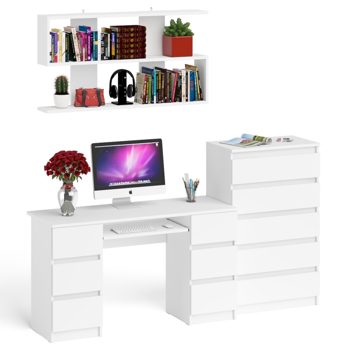 Домашние кабинеты, Стол для работы МС-2 с высоким комодом на пять ящиков и навесной полкой Мори