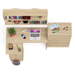 Угловой компьютерный стол Мори МС-16 левый с навесной полкой и высоким комодом на 5-ть ящиков