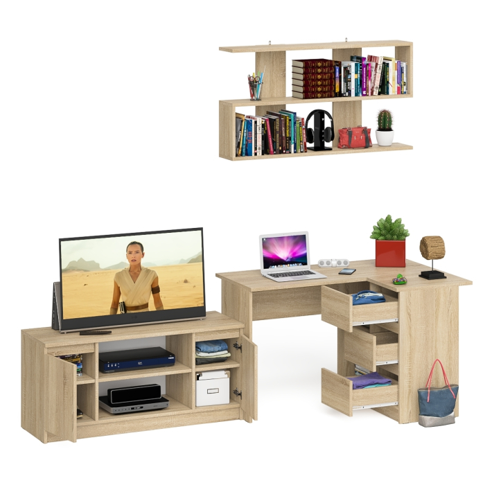 Домашние кабинеты, Стол угловой компьютерный Мори МС-16 правый с книжной полкой и ТВ-тумбой МТВ1200.1