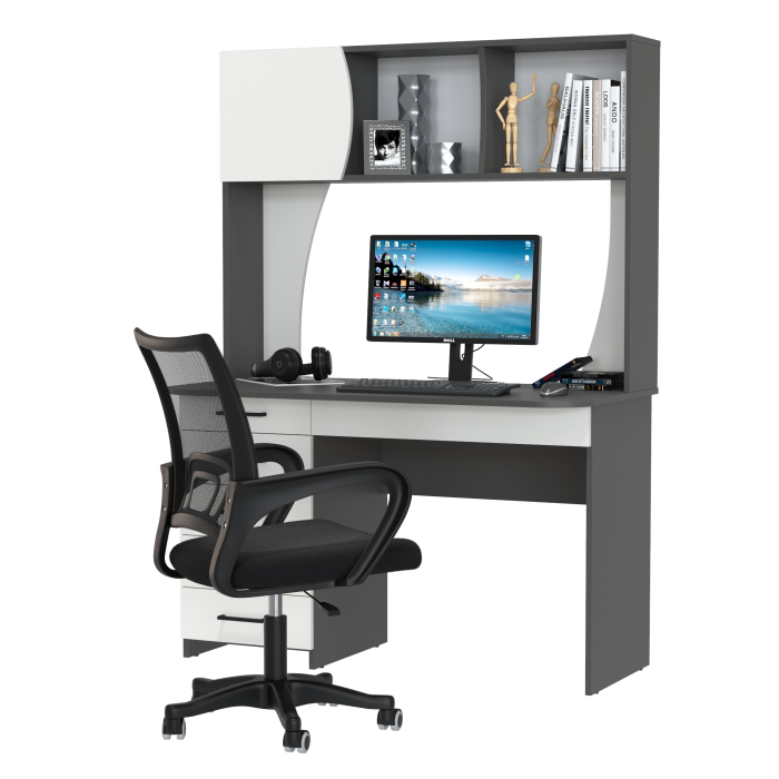 Прямые компьютерные столы, Стол компьютерный с надстройкой Сигма и компьютерное кресло чёрное