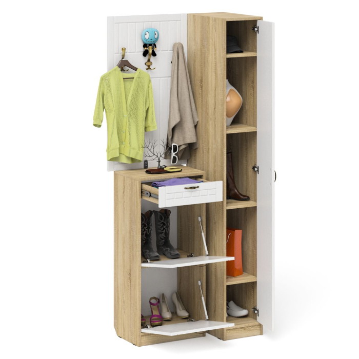 Прихожие, Высокая обувница с вешалкой с крючками и пеналом П-6-500 для прихожей фрезеровка прованс