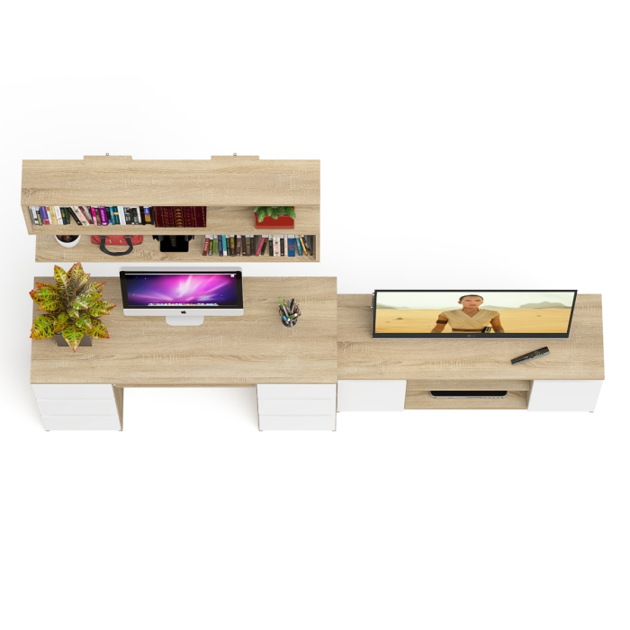 Домашние кабинеты, Письменный стол Мори МС-2 с ТВ-тумбой 1200 и навесной полкой 1200