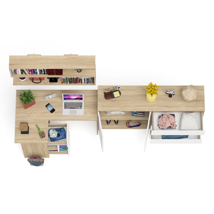 Домашние кабинеты, Угловой компьютерный стол с тремя ящиками Мори МС-16 левый с тумбой-комодом и книжной полкой