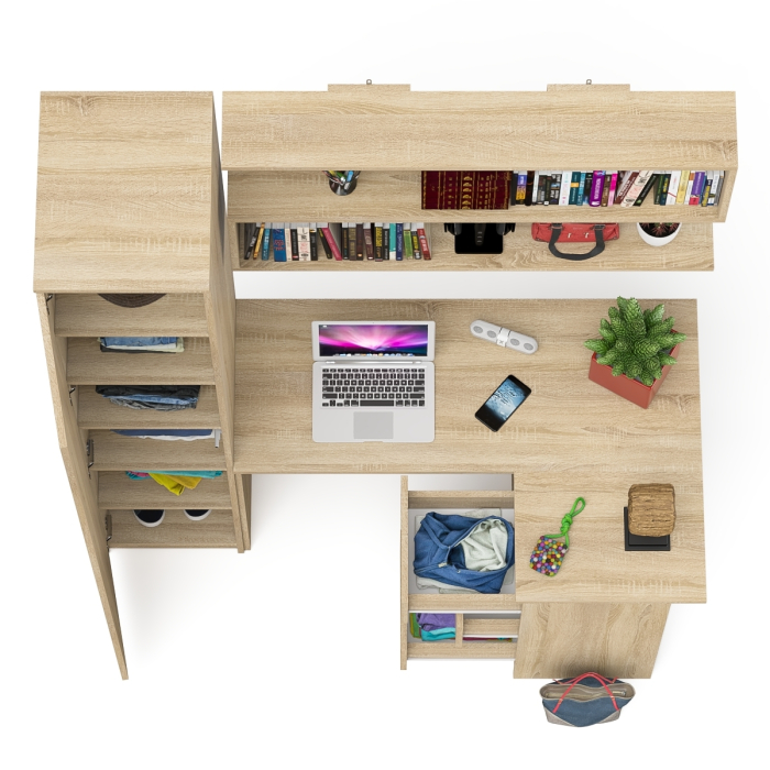 Домашние кабинеты, Стол угловой компьютерный Мори МС-16 правый с пеналом с полками и навесной открытой полкой 1200