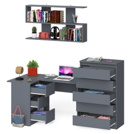 Угловой компьютерный стол Мори МС-16 левый с навесной полкой и высоким комодом на 5-ть ящиков