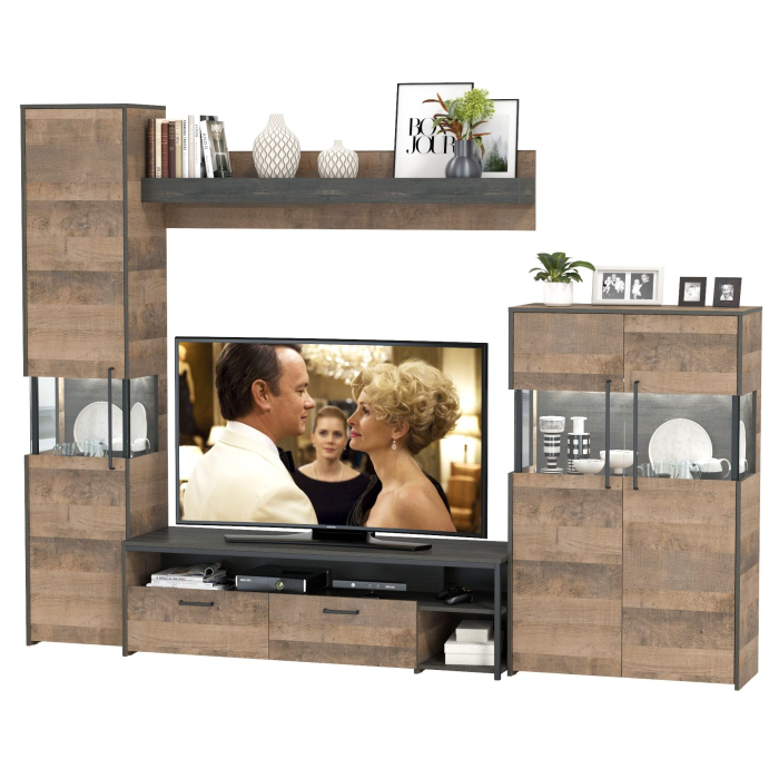 Стенки для гостиной, Тумба для телевизора с навесной полкой с комодом и пеналом с подсветкой Трувор