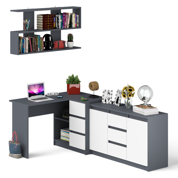 Домашние кабинеты, Стол компьютерный угловой МС-16 правый с навесной полкой и тумбой МК-1200.3 Мори