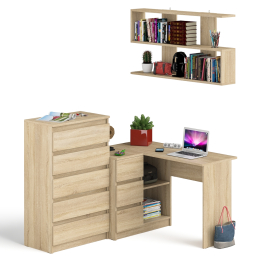 Угловой компьютерный стол Мори МС-16 левый с навесной полкой и высоким комодом на 5-ть ящиков