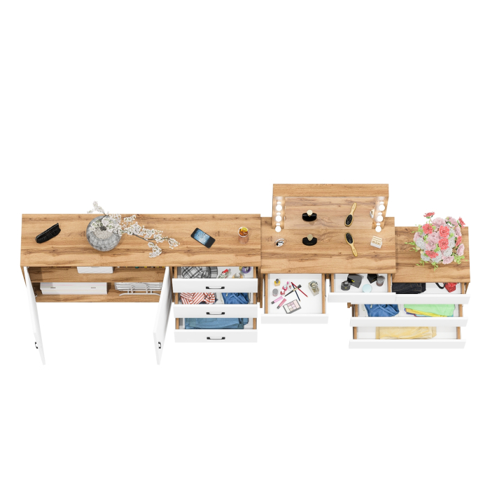 С зеркалом, Туалетный столик-трансформер с подсветкой и зеркалом 110 и комод-тумба 123-1604