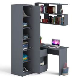 Угловой компьютерный стол с ящиками Мори МС-16 левый с книжной полкой и пеналом с полками