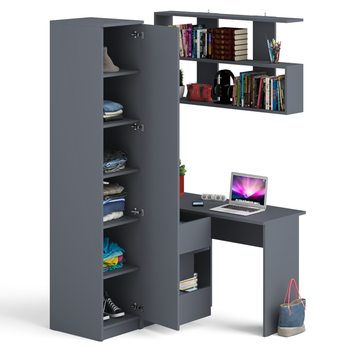 Домашние кабинеты, Угловой компьютерный стол с ящиками Мори МС-16 левый с книжной полкой и пеналом с полками