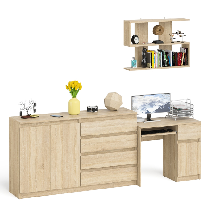 Домашние кабинеты, Тумба-комод с дверками и ящиками на 1600 со столом с тумбой и ящиком справа и навсеной полкой Мори