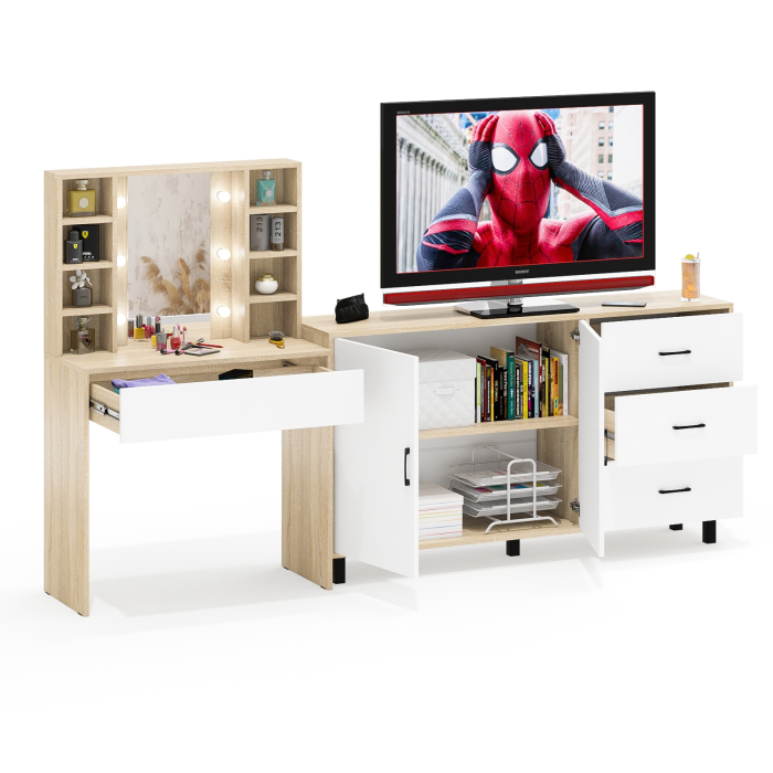 С зеркалом, Косметический cтол с подсветкой и ящиком 115 и комод 123-1604