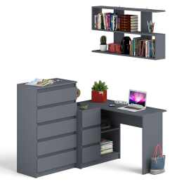 Угловой компьютерный стол Мори МС-16 левый с навесной полкой и высоким комодом на 5-ть ящиков