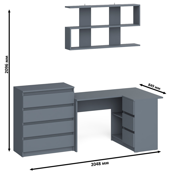 Домашние кабинеты, Книжная навесная полка Мори с угловым компьютерным столом МС-16 правым и комодом Мори МК800.4