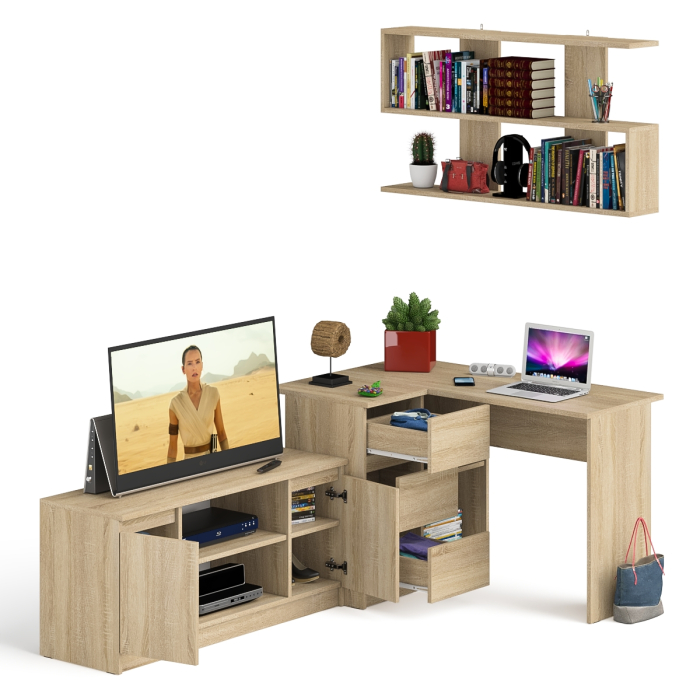 Домашние кабинеты, Угловой стол компьютерный Мори МС-16 левый с тумбой под ТВ и полкой для книг