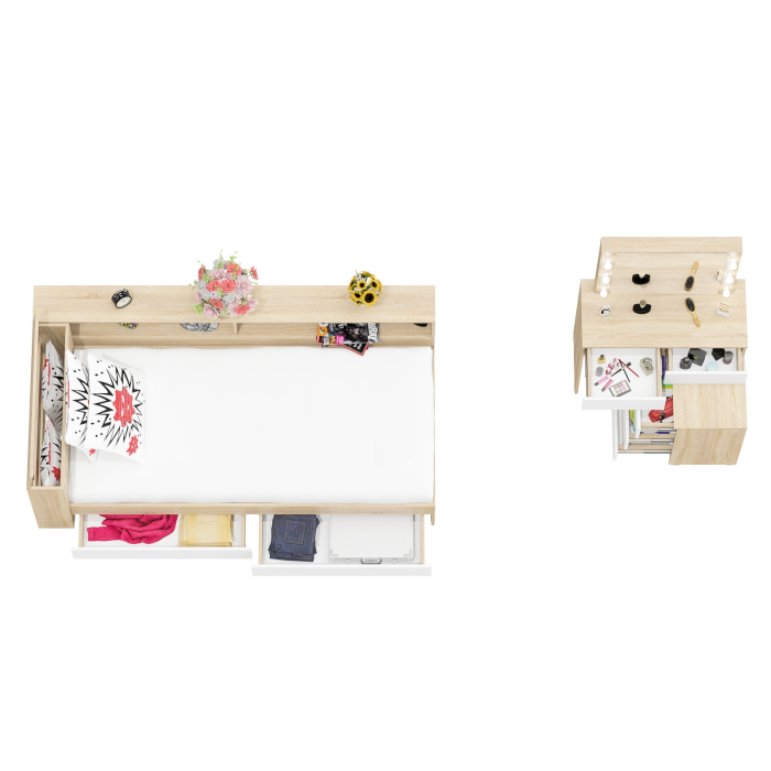 Спальные гарнитуры, Столик косметический с лампочками 110 и Ксения 900 односпальная кровать с ящиками и прикроватным блоком