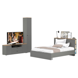 Кровать Остин со спальным местом 1600х2000 с ортопедическим основанием с пеналом с полками и тумба под ТВ