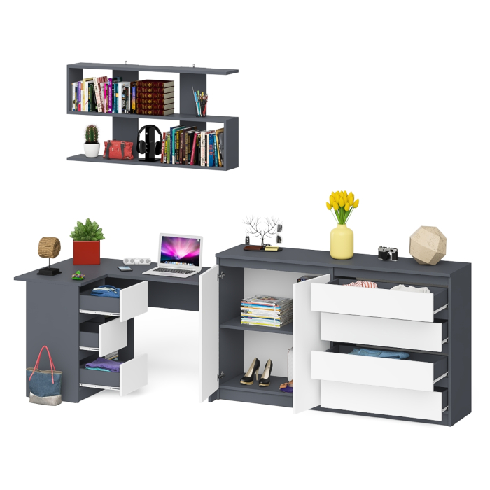 Домашние кабинеты, Угловой компьютерный стол с тремя ящиками Мори МС-16 левый с тумбой-комодом и книжной полкой