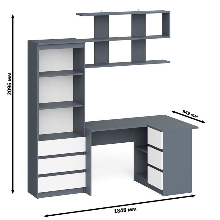 Домашние кабинеты, Рабочее место с угловым столом Мори МС-16 правым со стеллажом и полкой