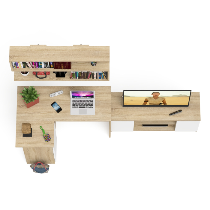 Домашние кабинеты, Угловой стол компьютерный Мори МС-16 левый с тумбой под ТВ и полкой для книг