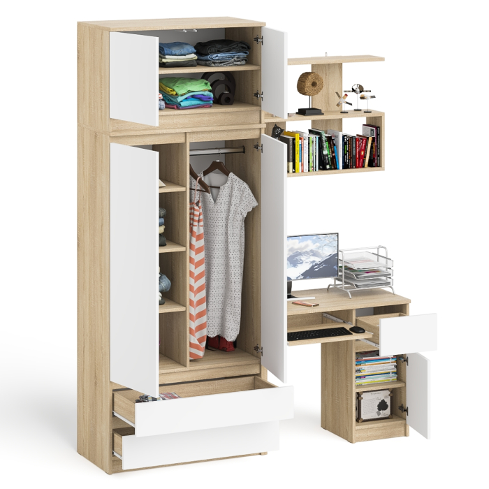 Домашние кабинеты, Шкаф с антресолью Мори МА900.1 с компьютерным столом МС-1 правым и книжной полкой