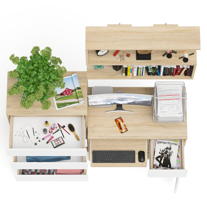 Домашние кабинеты, Стол компьютерный Мори МС-1 правый с высоким комодом на пять ящиков и навесной полкой