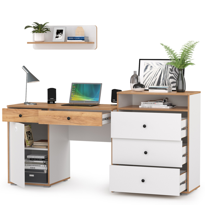 Офисная мебель, Стол письменный с комодом и навесной полкой Вуди