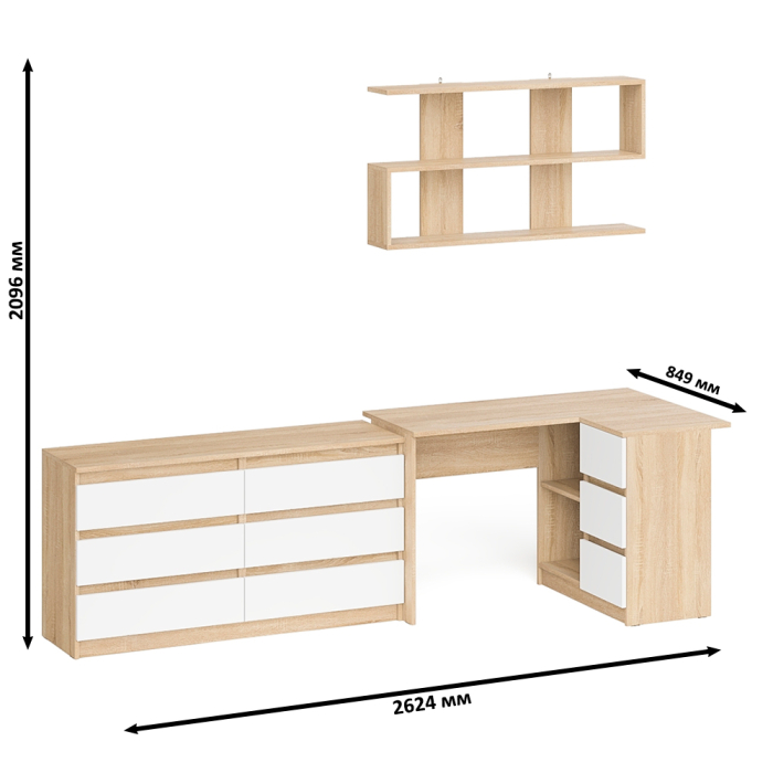 Домашние кабинеты, Комод широкий 6-ть ящиков Мори МК1380.6 с угловым компьютерным столом МС-16 правым и открытой книжной полкой