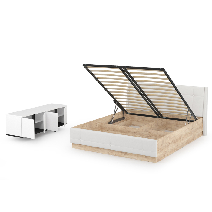 Спальные гарнитуры, Комплектация Муссон № 29 белый/чёрный/дуб эндгрейн/иск.кожа белая, 1600х2000 мм