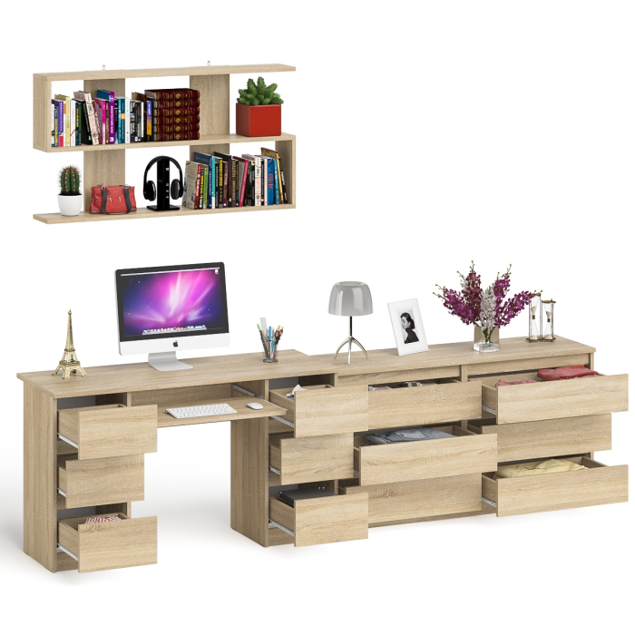 Домашние кабинеты, Стол компьютерный ящики слева и справа Мори МС-2 с комодом и полкой навесной