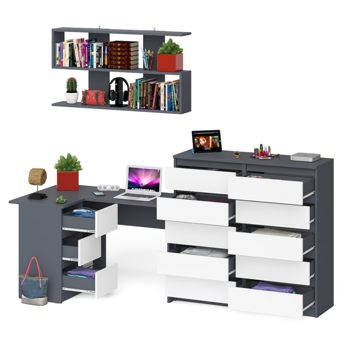Домашние кабинеты, Стол угловой компьютерный Мори МС-16 левый с комодом на 10-ть ящиков и полкой на 1200