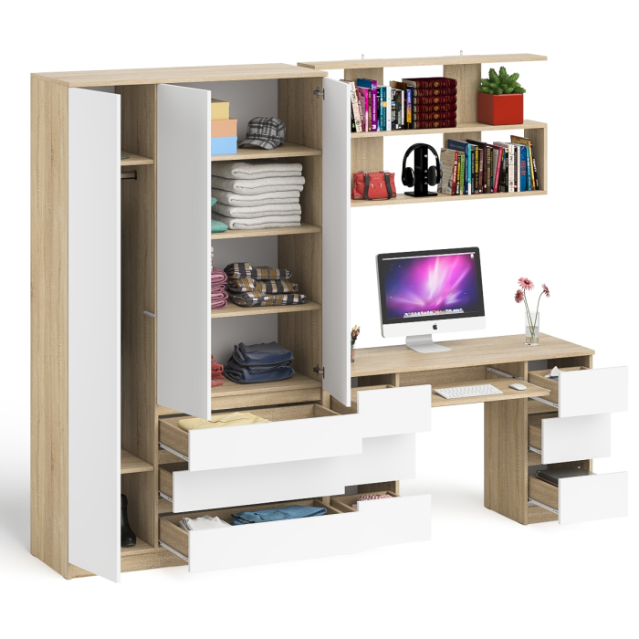 Домашние кабинеты, Шкаф-комод трёхдверный Мори МШ1200.1 с письменным столом и открытой книжной полкой