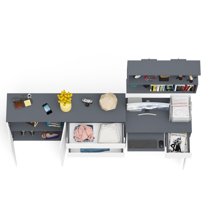 Домашние кабинеты, Тумба-комод с дверками и ящиками на 1600 со столом с тумбой и ящиком справа и навсеной полкой Мори