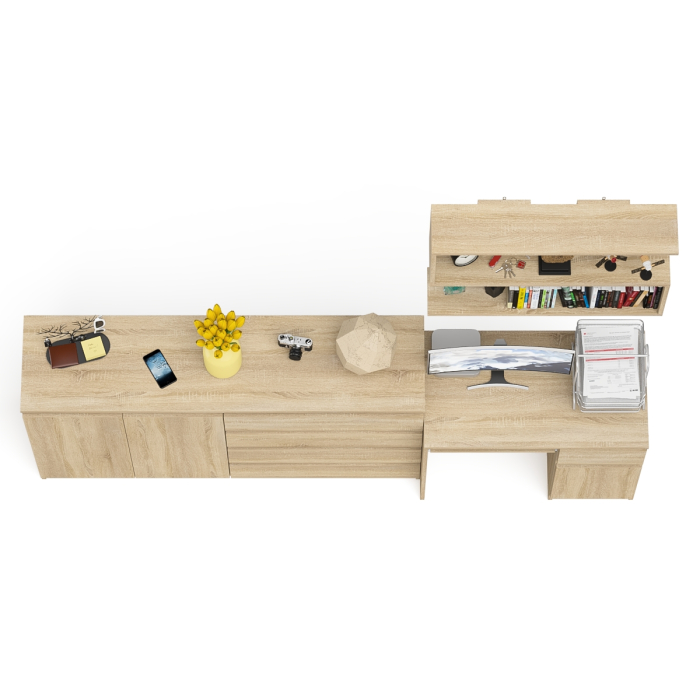 Домашние кабинеты, Тумба-комод с дверками и ящиками на 1600 со столом с тумбой и ящиком справа и навсеной полкой Мори